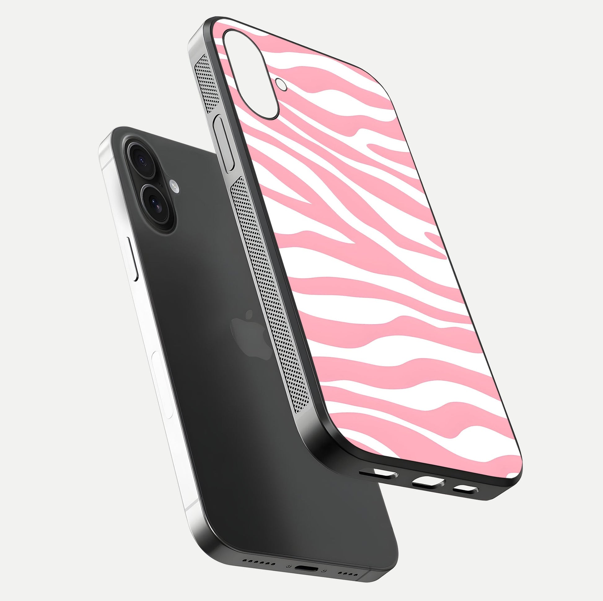 Blush Zebra Flow iPhone 16 Plus glass phone case floating view emphasizing premium glossy surface and dynamic design