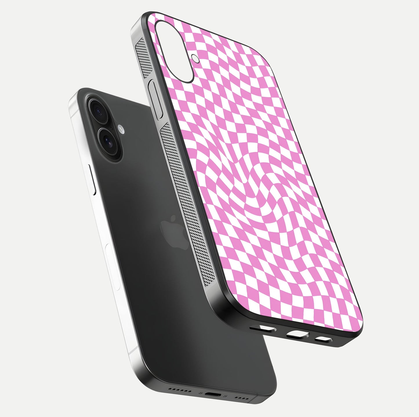 Bubblegum Check Wave iPhone 16 Plus glass phone case floating view emphasizing premium glass finish and vibrant design