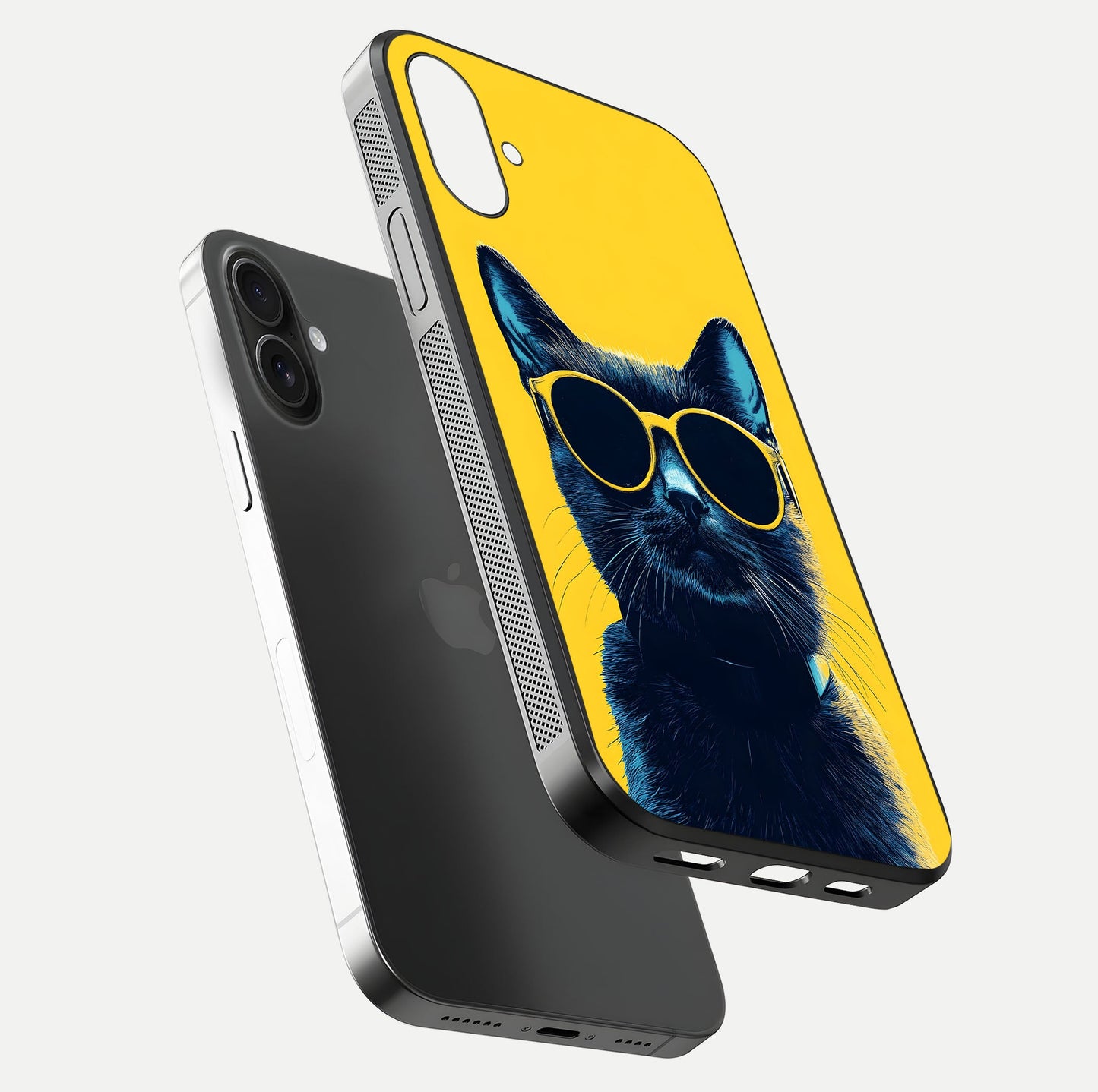 Cool Cat Vibes iPhone 16 Plus glass phone case floating view emphasizing glossy finish and fun cat vibe
