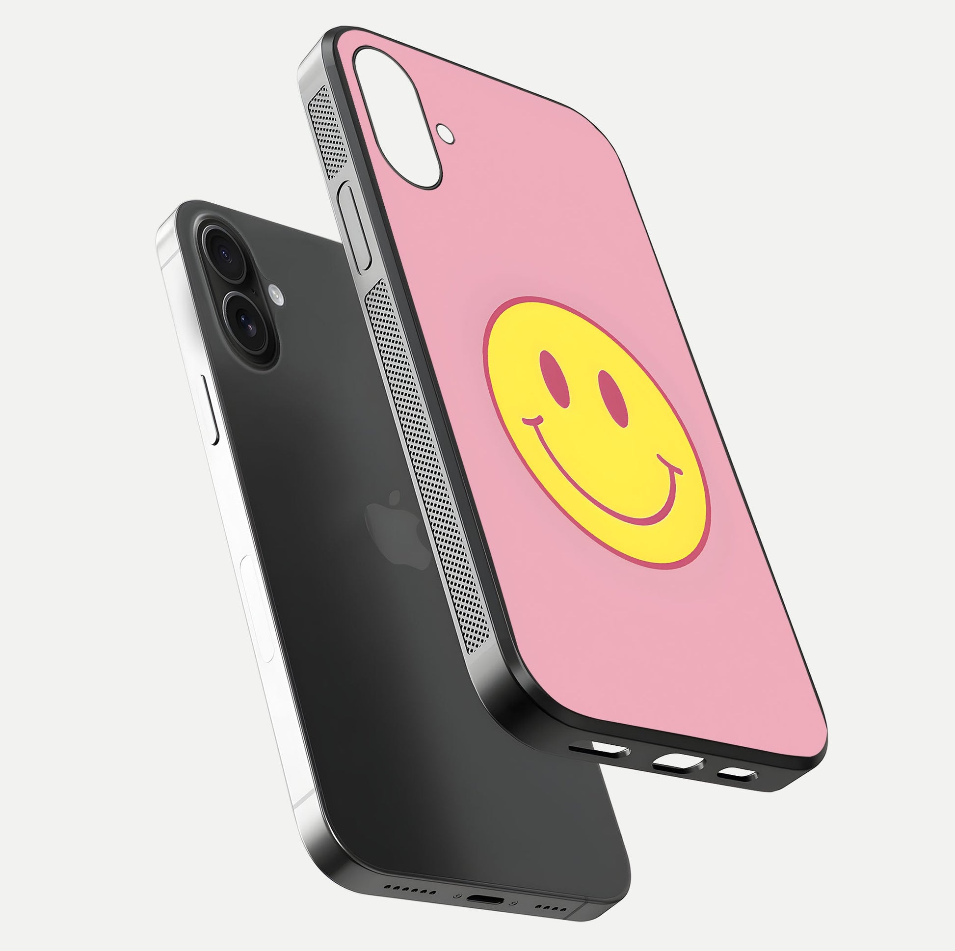 Happy Pink Mood iPhone 16 Plus glass phone case floating view emphasizing glossy finish and joyful color palette