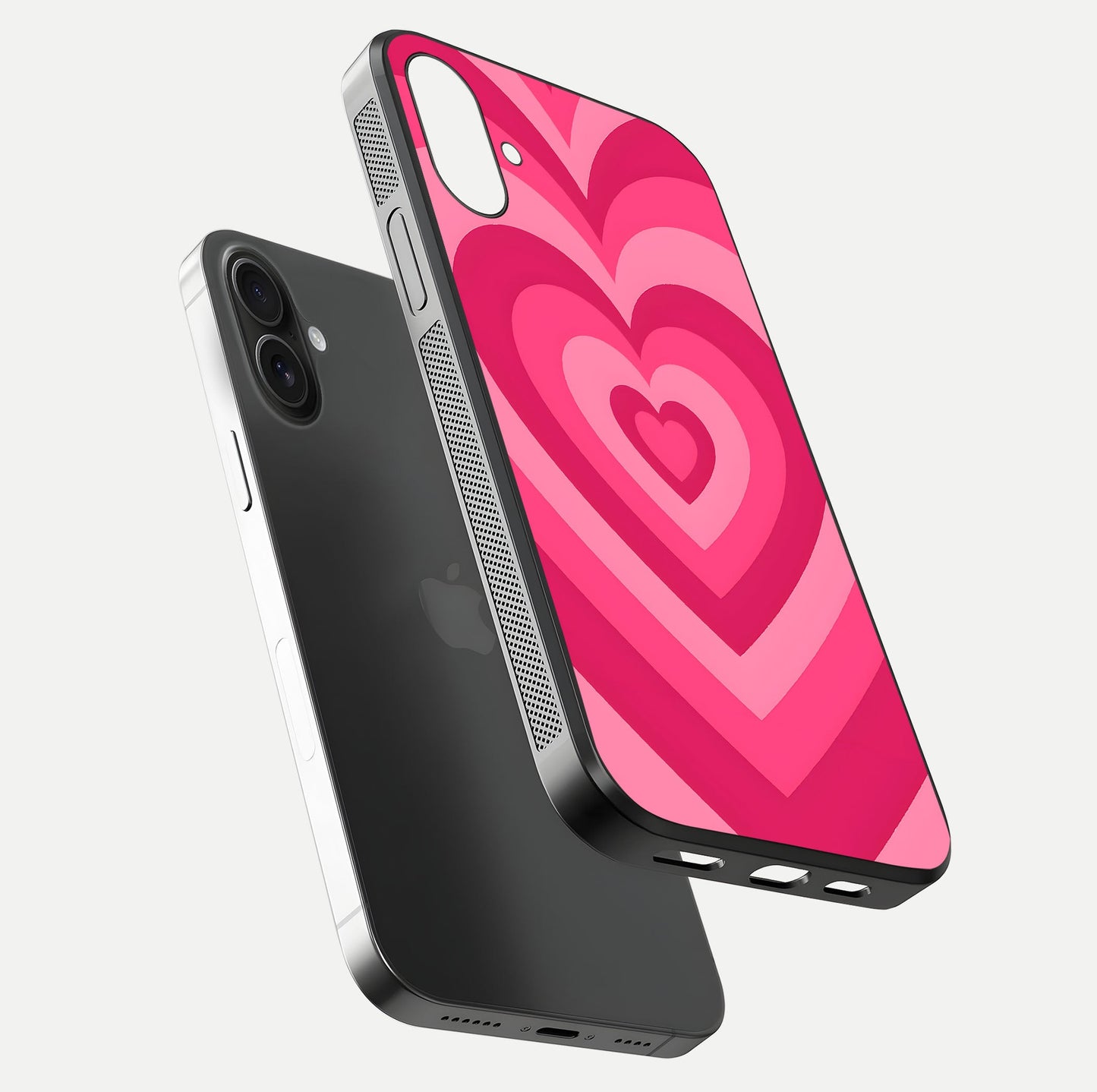 Layered Love Hearts iPhone 16 Plus glass phone case floating view emphasizing glossy surface and layered heart details