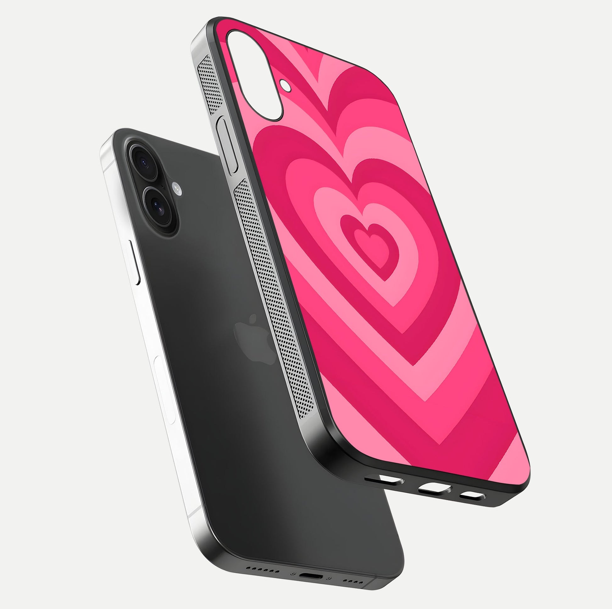 Layered Love Hearts iPhone 16 Plus glass phone case floating view emphasizing glossy surface and layered heart details