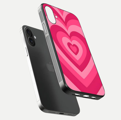 Layered Love Hearts iPhone 16 Plus glass phone case floating view emphasizing glossy surface and layered heart details