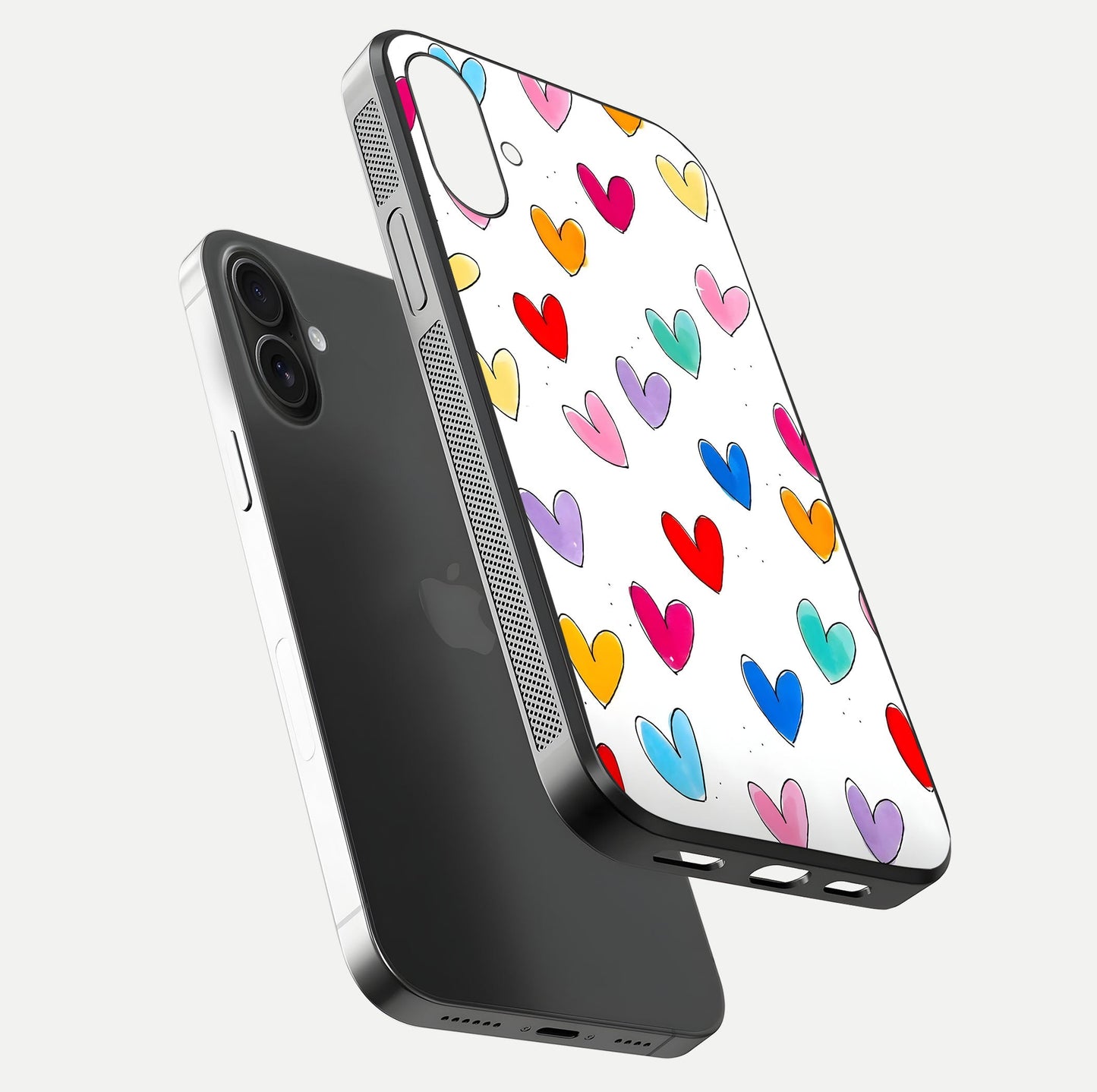 Playful Love Doodles iPhone 16 Plus glass phone case floating view emphasizing glossy finish and playful design