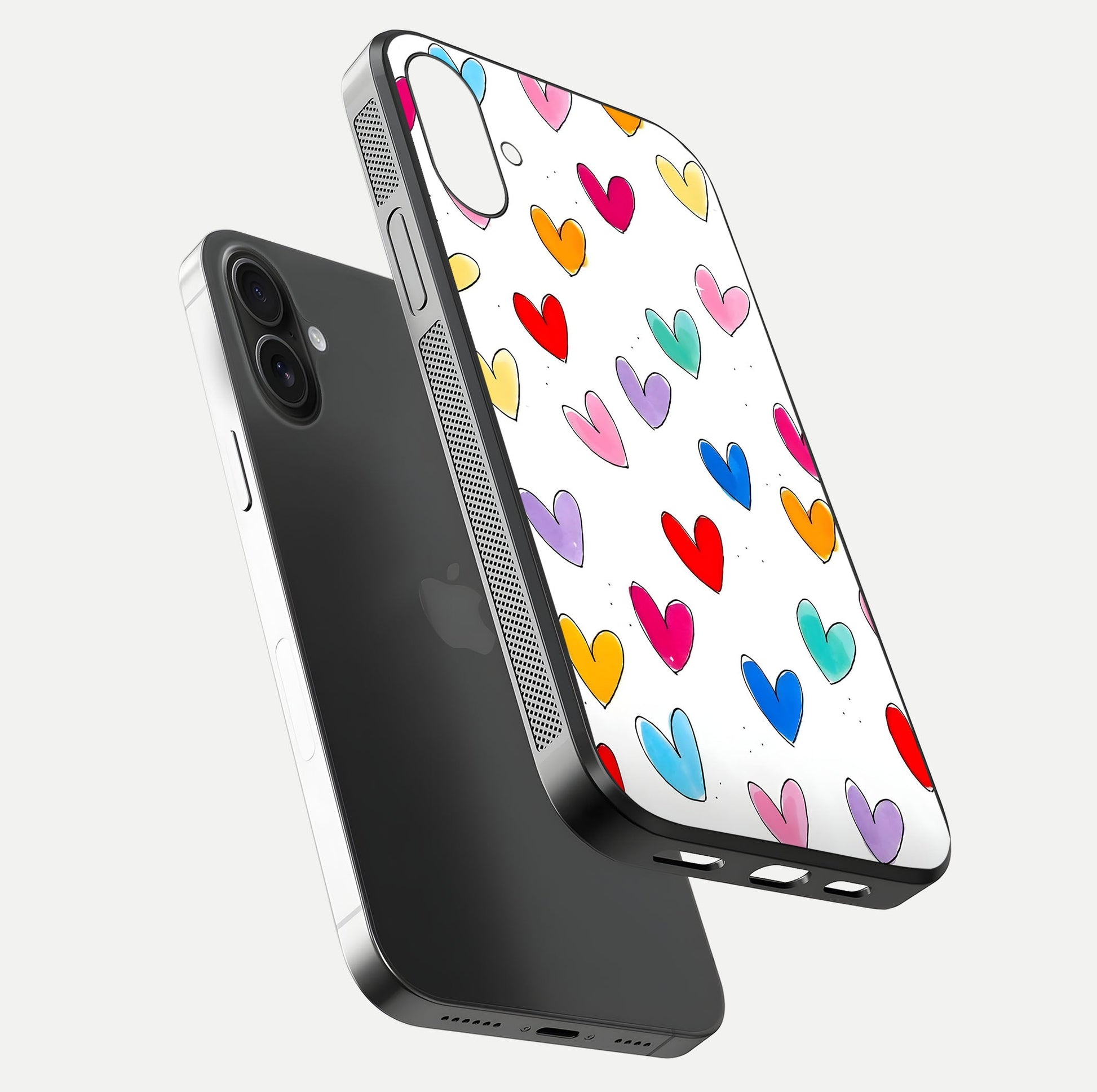 Playful Love Doodles iPhone 16 Plus glass phone case floating view emphasizing glossy finish and playful design
