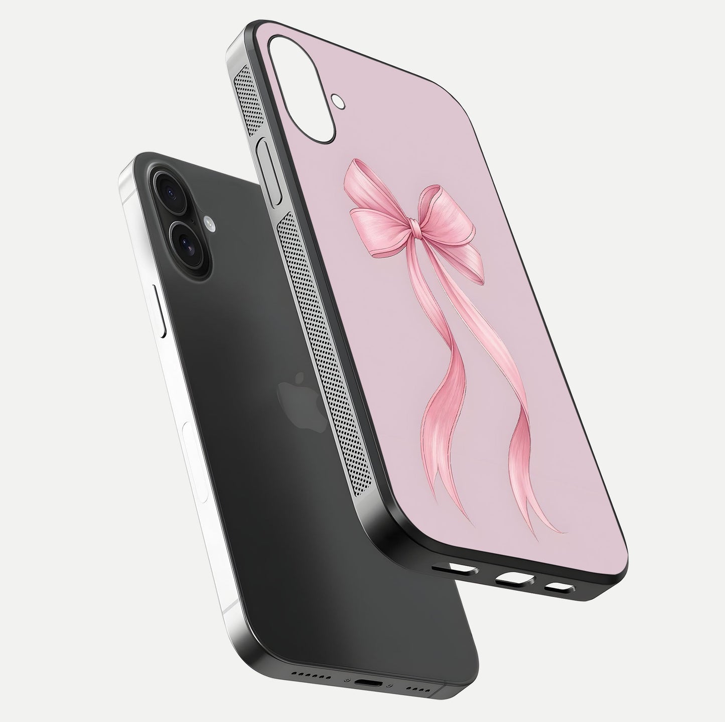 Soft Blush Bow iPhone 16 Plus glass phone case floating view emphasizing glossy surface and soft feminine styling