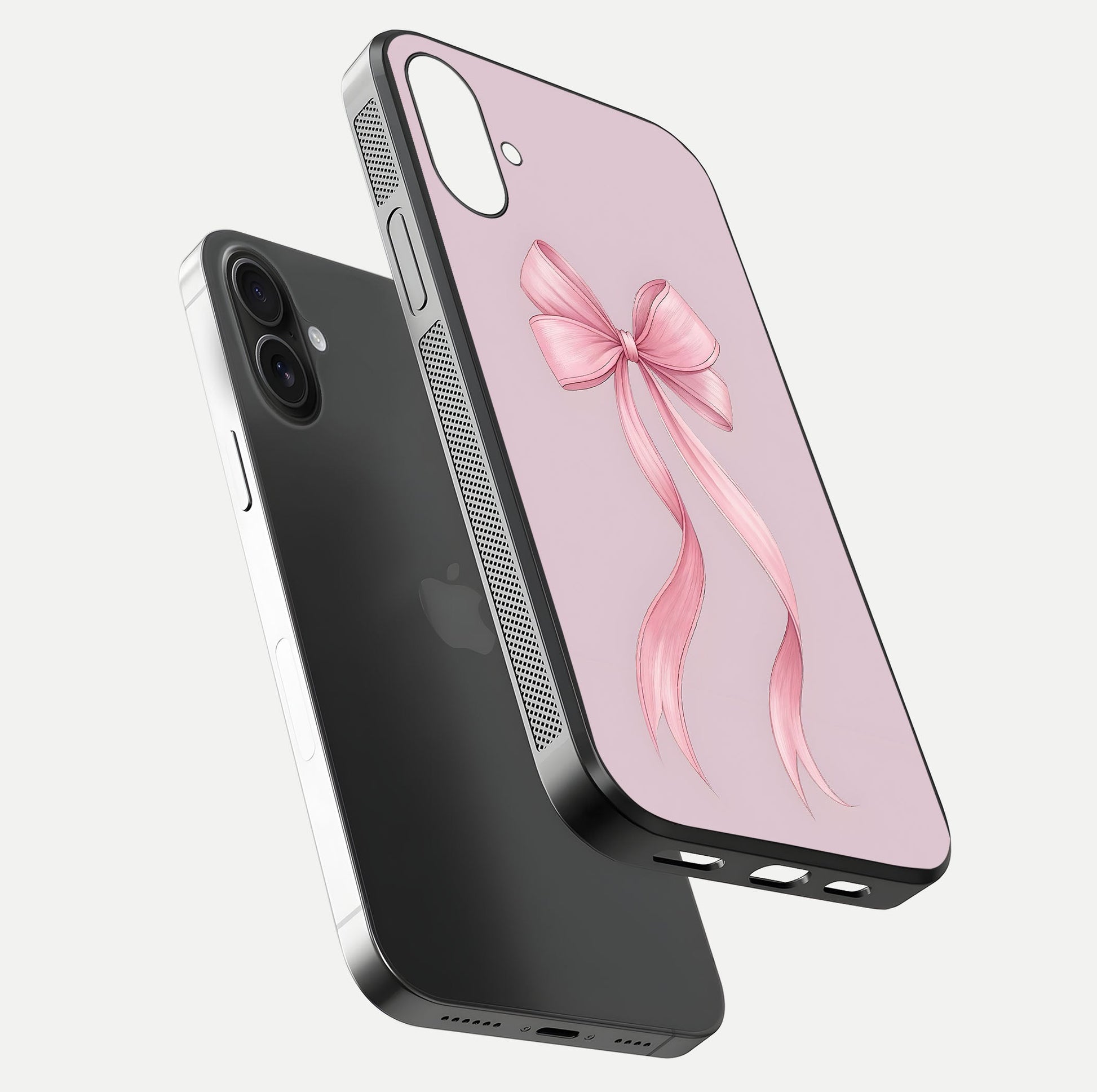 Soft Blush Bow iPhone 16 Plus glass phone case floating view emphasizing glossy surface and soft feminine styling