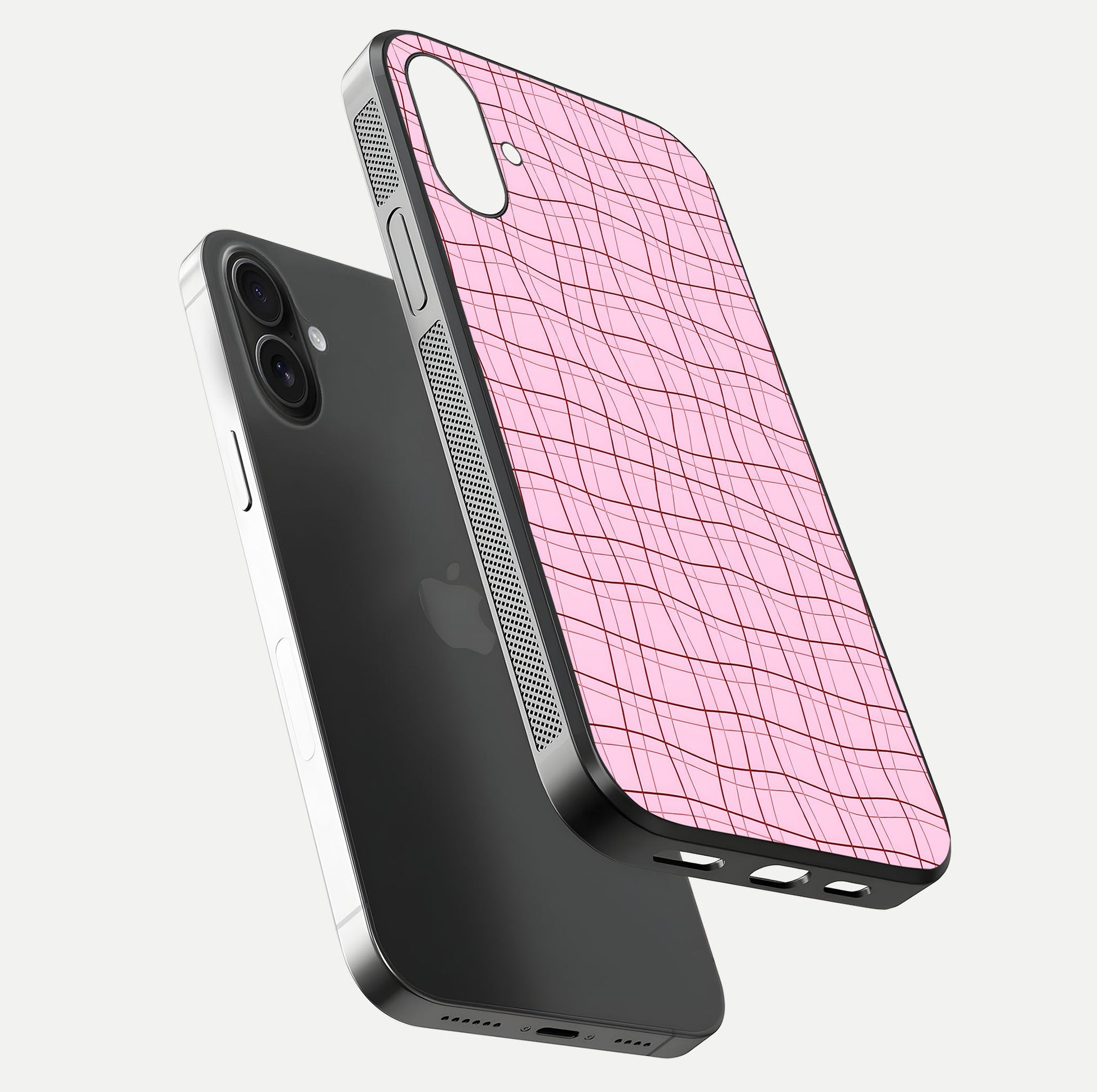 Soft Grid Bliss iPhone 16 Plus glass phone case floating view emphasizing glossy surface and minimal styling
