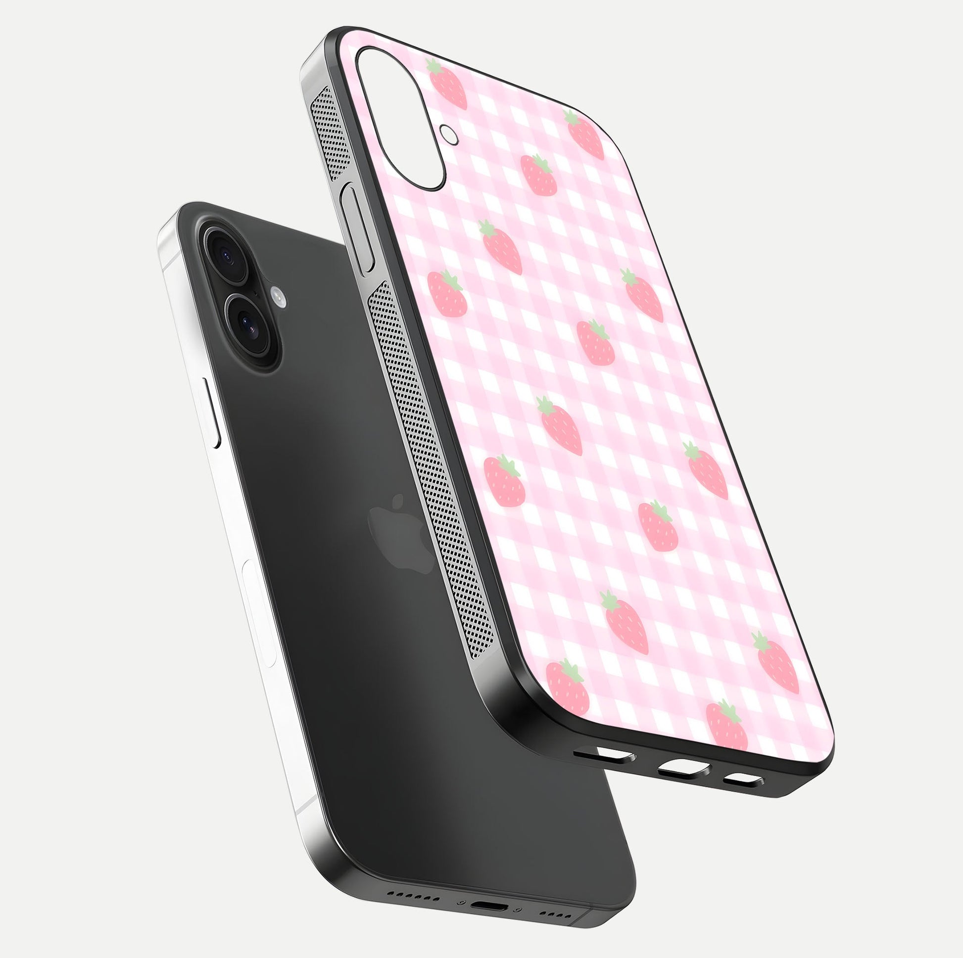 Strawberry Picnic Love iPhone 16 Plus glass phone case floating view emphasizing glossy finish and playful charm