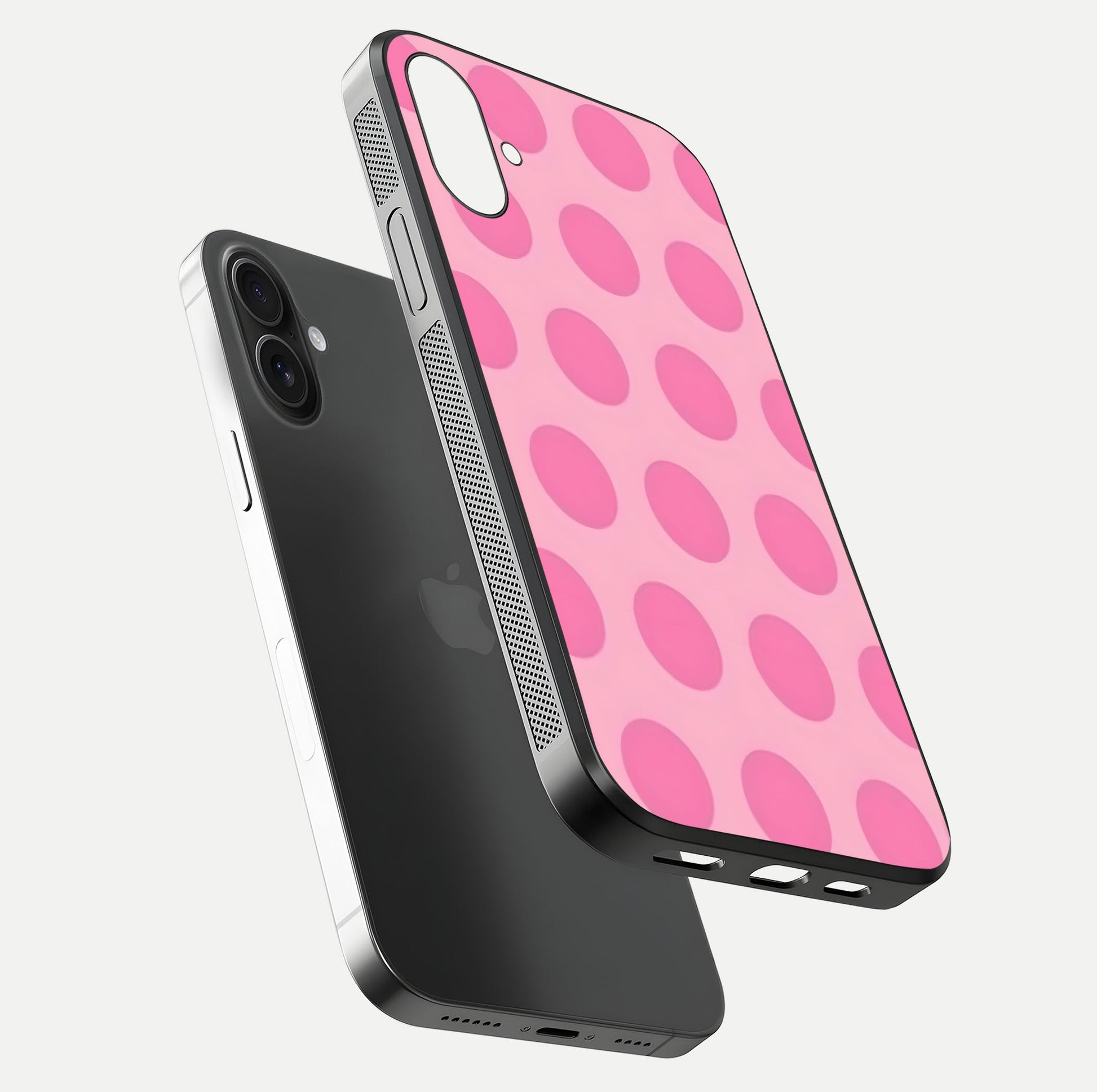 Sweet Dot Dreams iPhone 16 Plus glass phone case floating view emphasizing glossy surface and soft playful styling