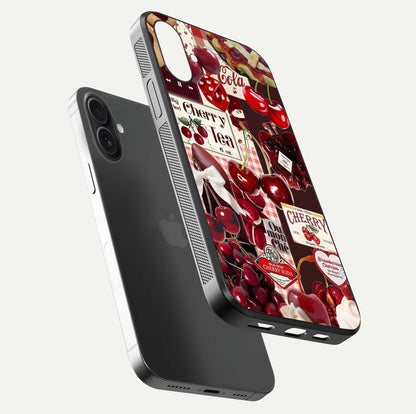 Aesthetic Cherry Tea Glass Case for iPhone 16 Pro floating dual-view mockup showing edge design and detailed cherry pattern gloss texture