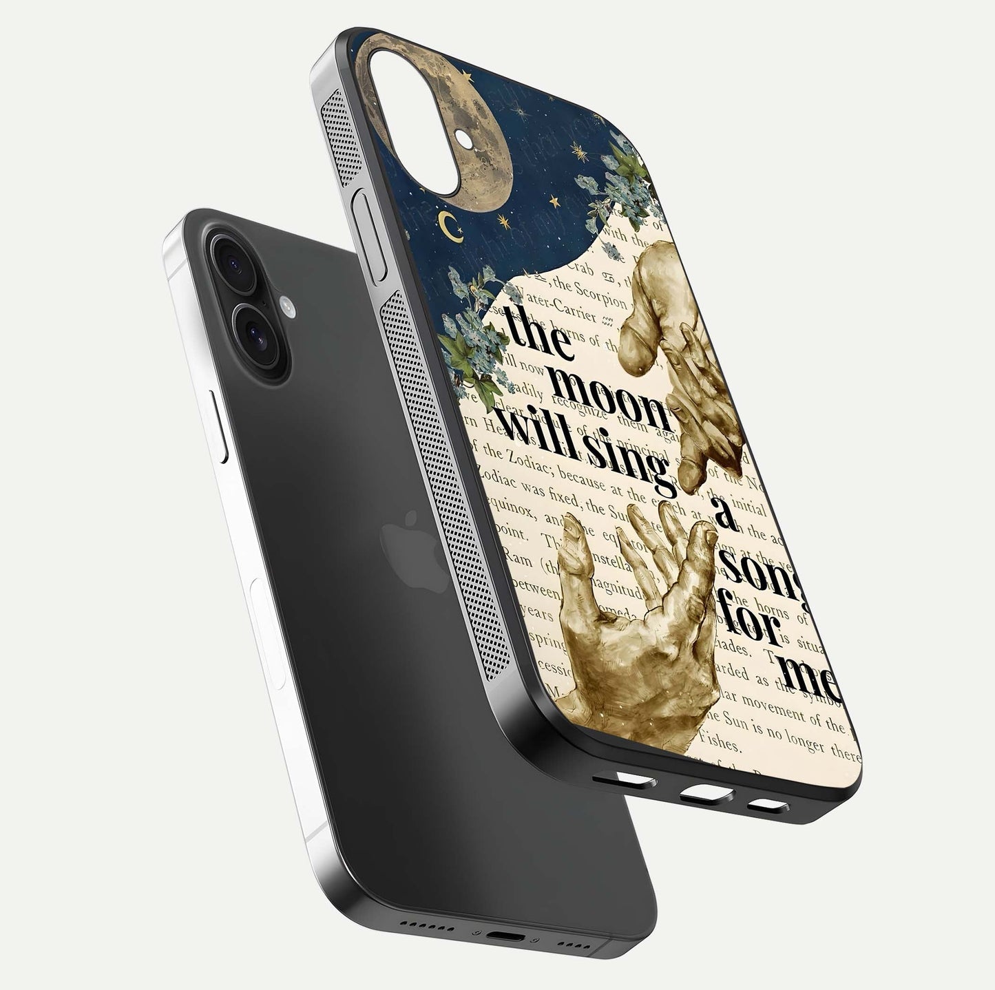 Aesthetic Divine Glass Case for iPhone 16 Pro floating dual-view mockup showing edge design and divine art gloss texture