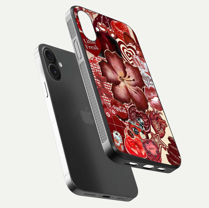 Aesthetic Little Freak Glass Case for iPhone 16 Pro floating dual-view mockup showing edge design and detailed collage gloss texture