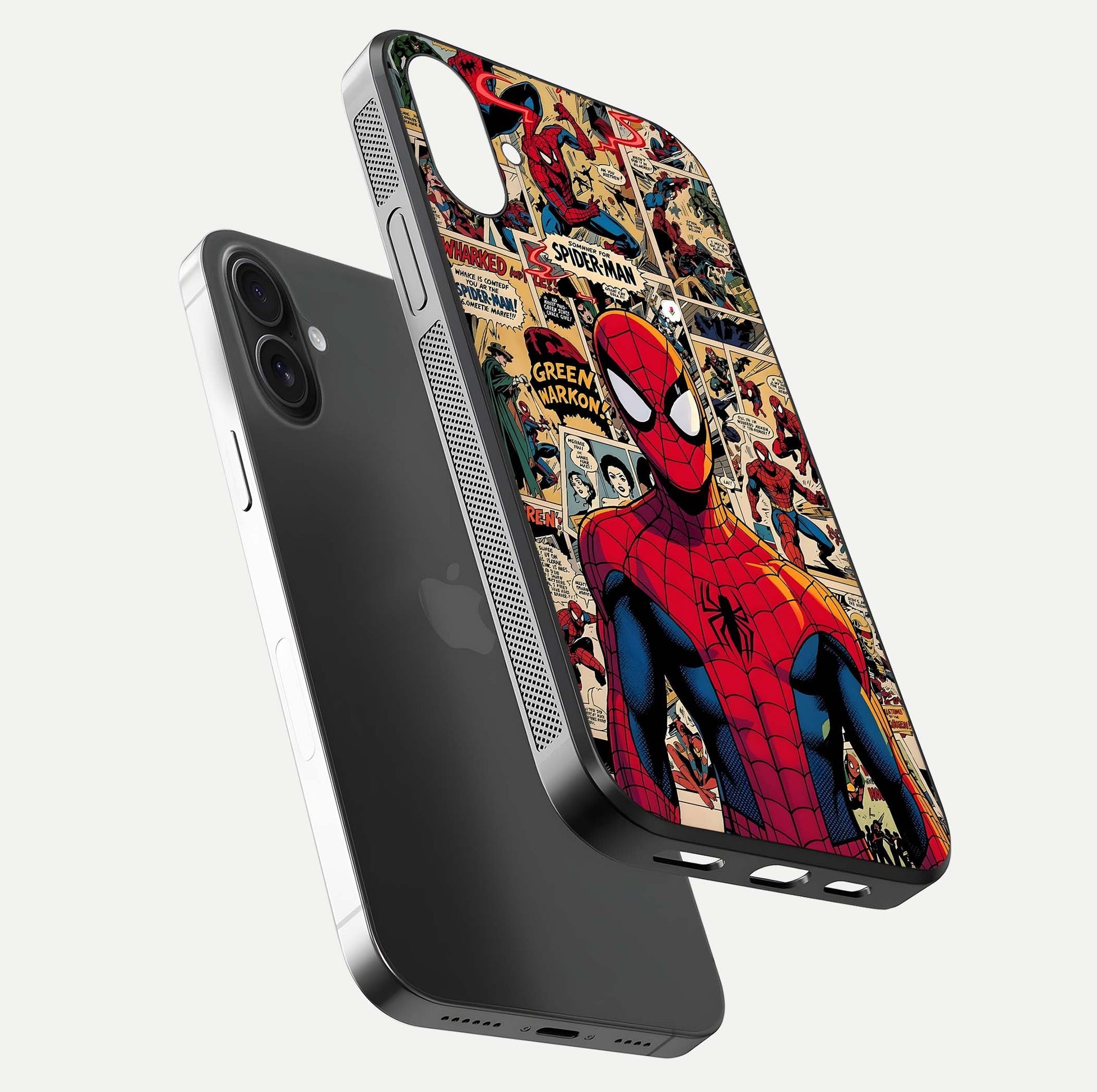 Aesthetic Spider Man Glass Case for iPhone 16 Pro floating dual-view mockup showing edge design and detailed Spider-Man gloss texture
