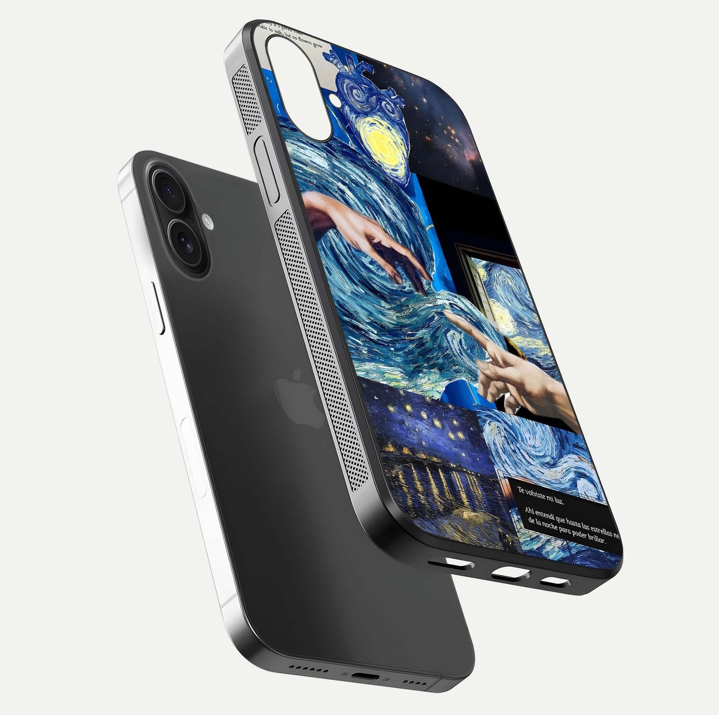 Aesthetic Vando Hands Glass Case for iPhone 16 Pro floating dual-view mockup showing slim edge profile and high-definition gloss