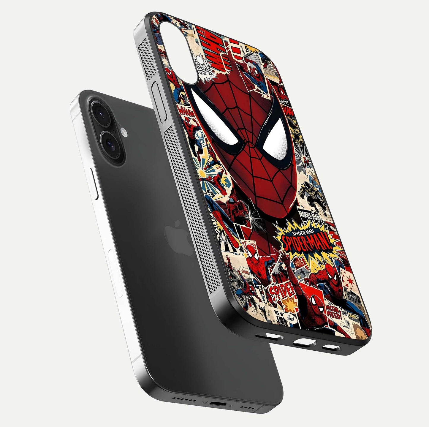 Aesthetic Wonder Spider Glass Case for iPhone 16 Pro floating mockup emphasizing superhero art and glossy reflection