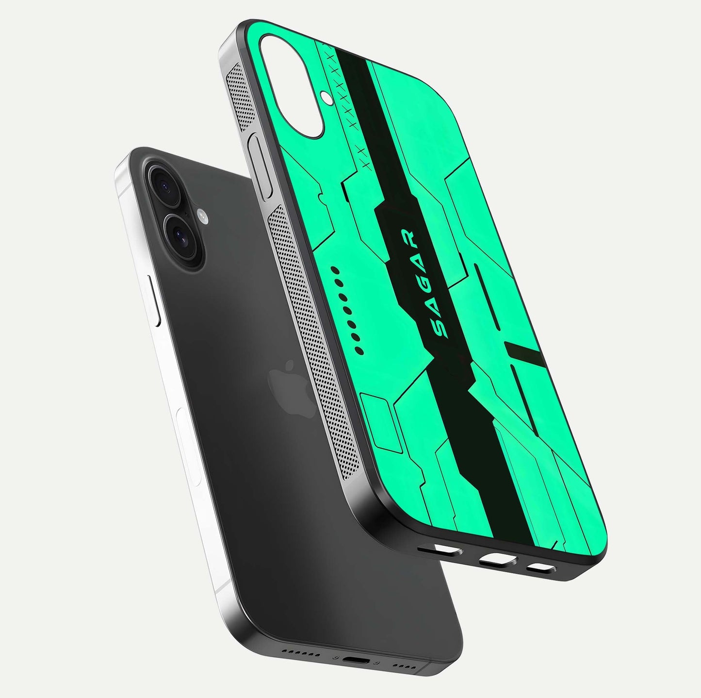 Aqua Tech CYBERPUNK Custom Name Glass Case for iPhone 16 Pro floating mockup highlighting name customization area