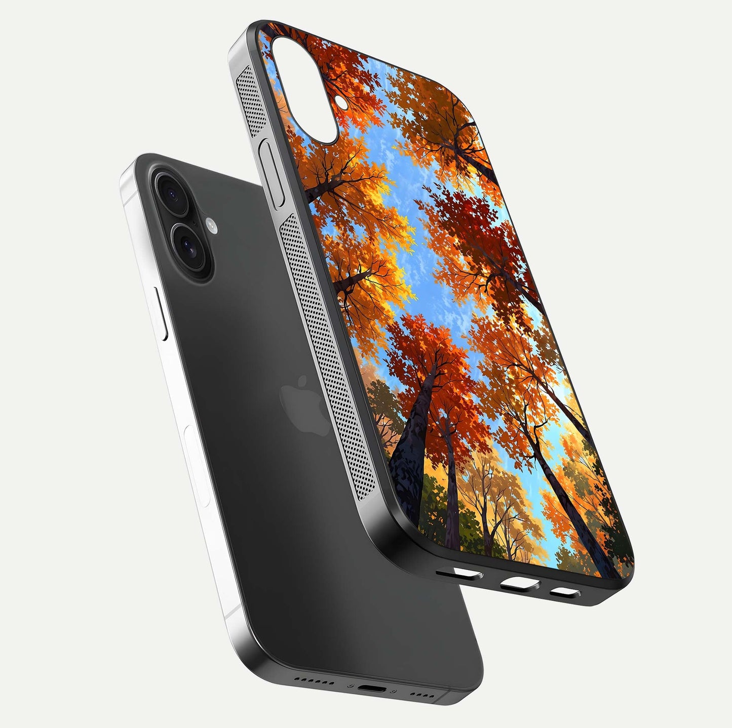 Autumn Sky Rise Glass Case for iPhone 16 Pro floating dual-view mockup with sky horizon and glossy highlights