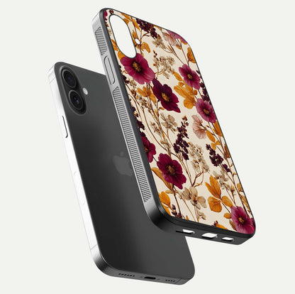Autumn Wine Bloom Glass Case for iPhone 16 Pro floating mockup with premium floral gradient and protection edge