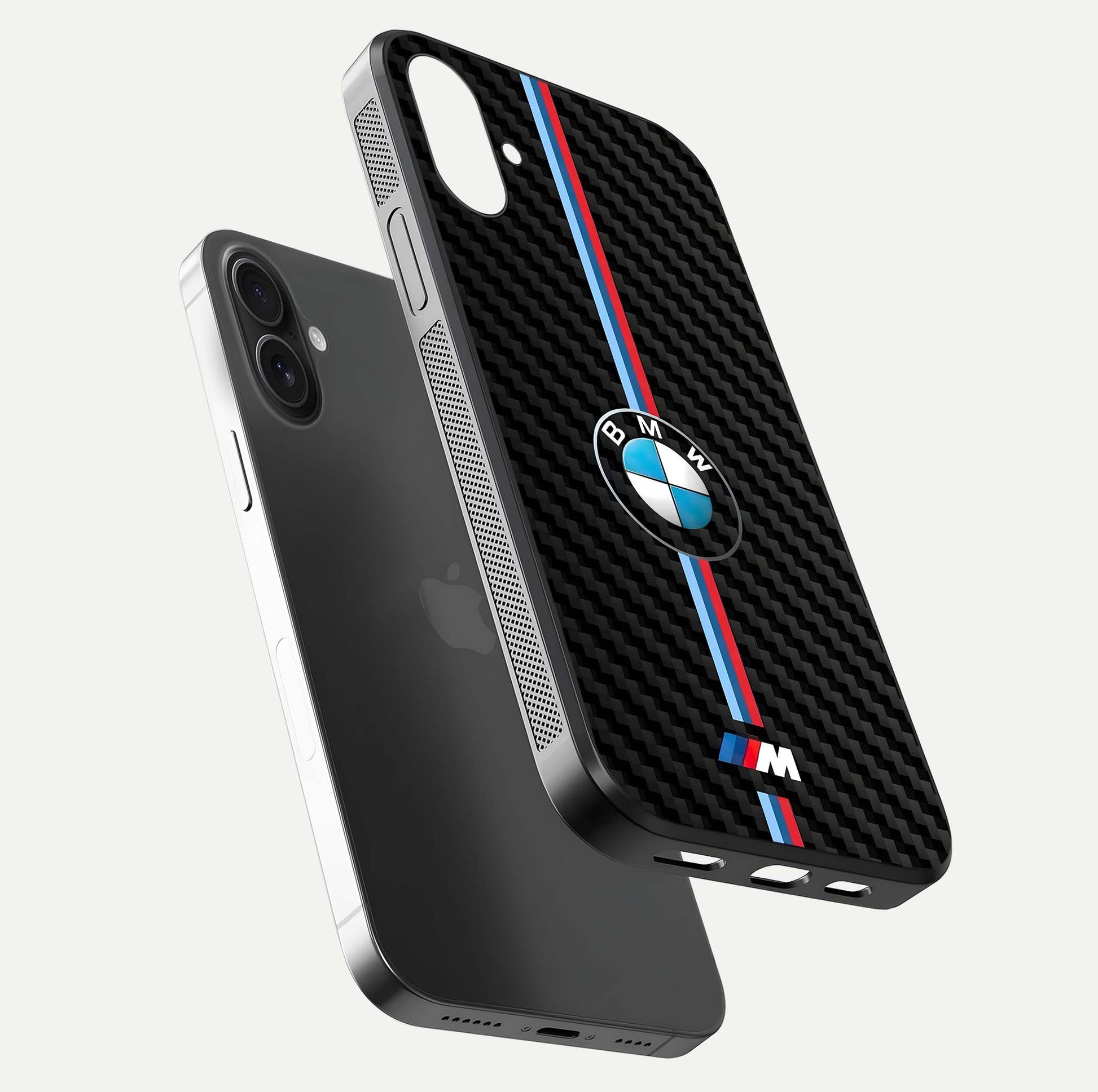 BMW Pattern Glass Case for iPhone 16 Plus floating mockup highlighting clean lines and metallic accent reflection
