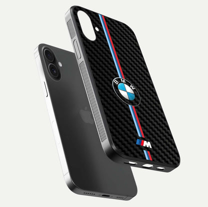 BMW Pattern Glass Case for iPhone 16 Plus floating mockup highlighting clean lines and metallic accent reflection