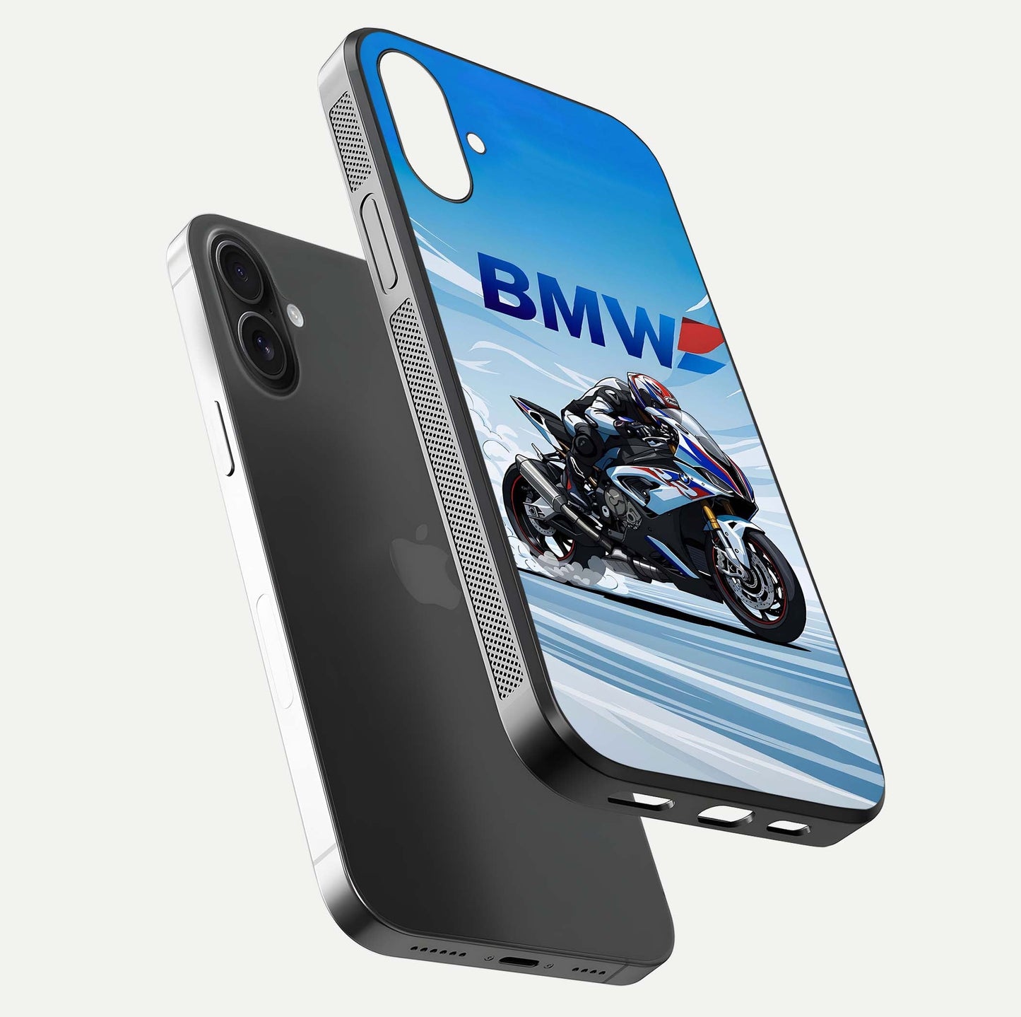 BMW Power Drift Glass Case for iPhone 16 Plus floating mockup displaying bold drift artwork and glossy polish