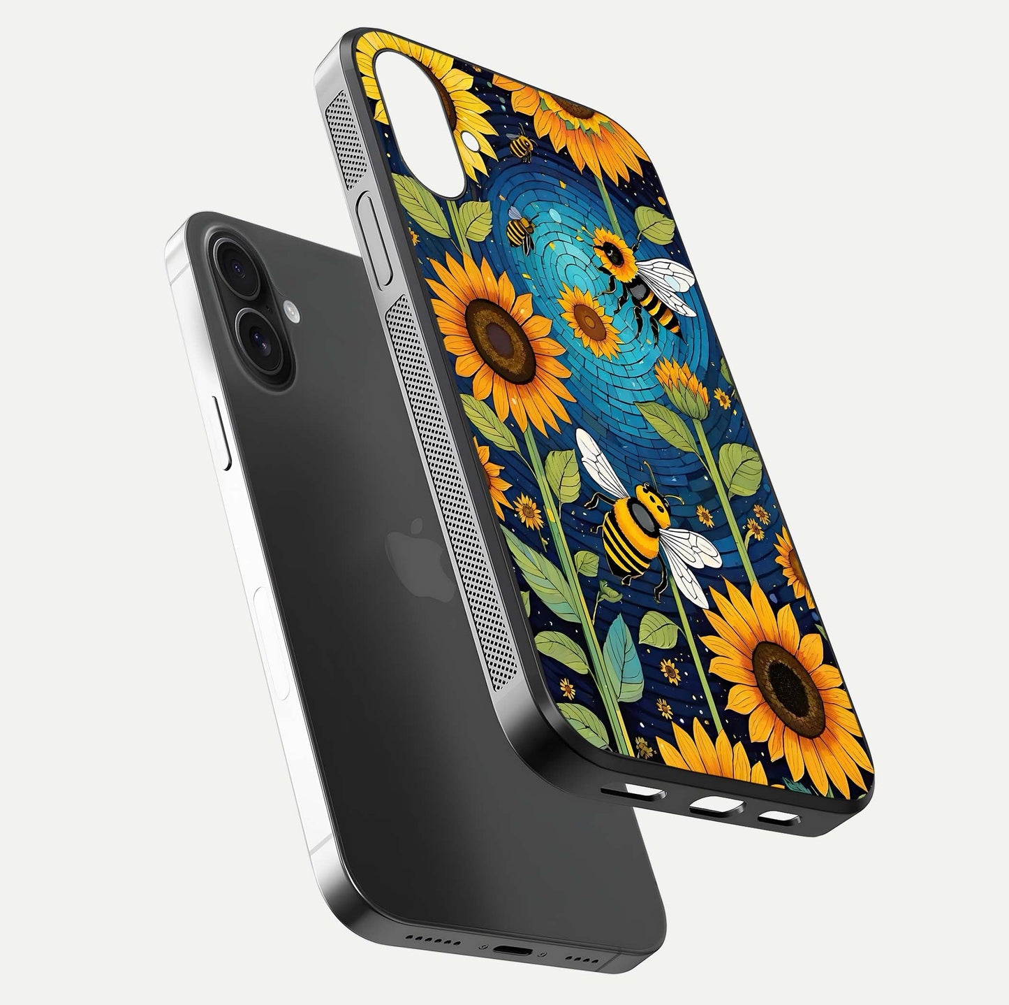 Bees & Sunflowers Glass Case for iPhone 16 Pro floating dual-view mockup displaying vibrant yellow tones and gloss texture