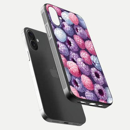 Berry Candy Pop Glass Case for iPhone 16 Pro floating dual-view mockup highlighting gloss shine and curved edges