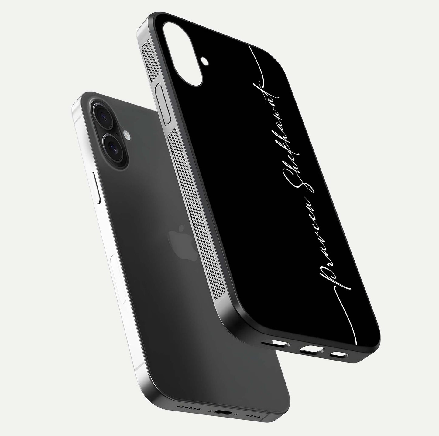 Black Tune Custom Name Glass Case for iPhone 16 Pro floating dual-view mockup emphasizing modern glossy texture