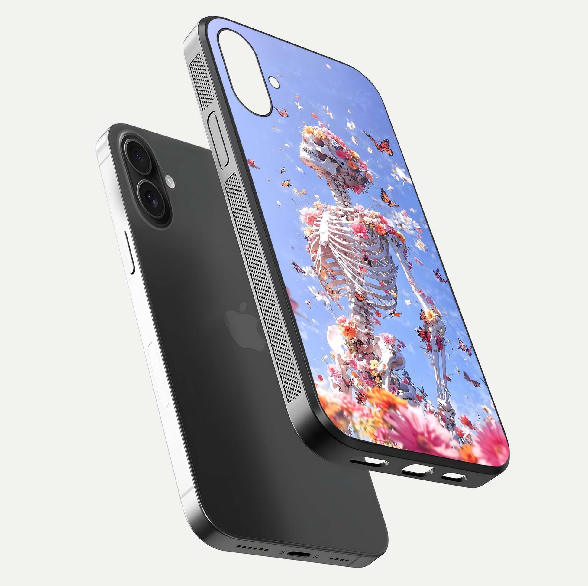 Bloom Beyond Bones Glass Case for iPhone 16 Plus floating mockup displaying shine, texture, and gloss detail