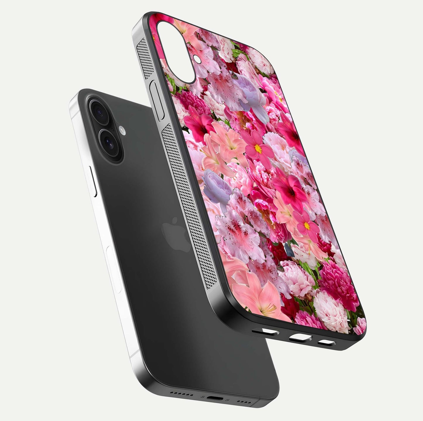 Bloom Crush Fantasy Glass Case for iPhone 16 Plus floating mockup showing floral pattern clarity and HD glass
