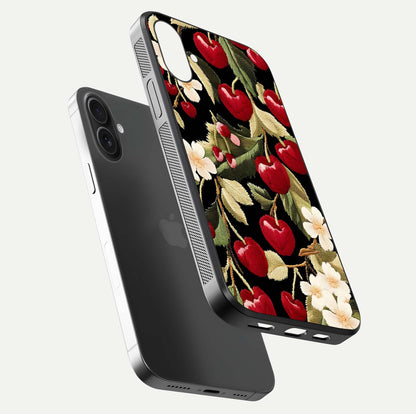 Bloom Thread Art Glass Case for iPhone 16 Plus floating mockup showing premium reflection and stitched art vibe