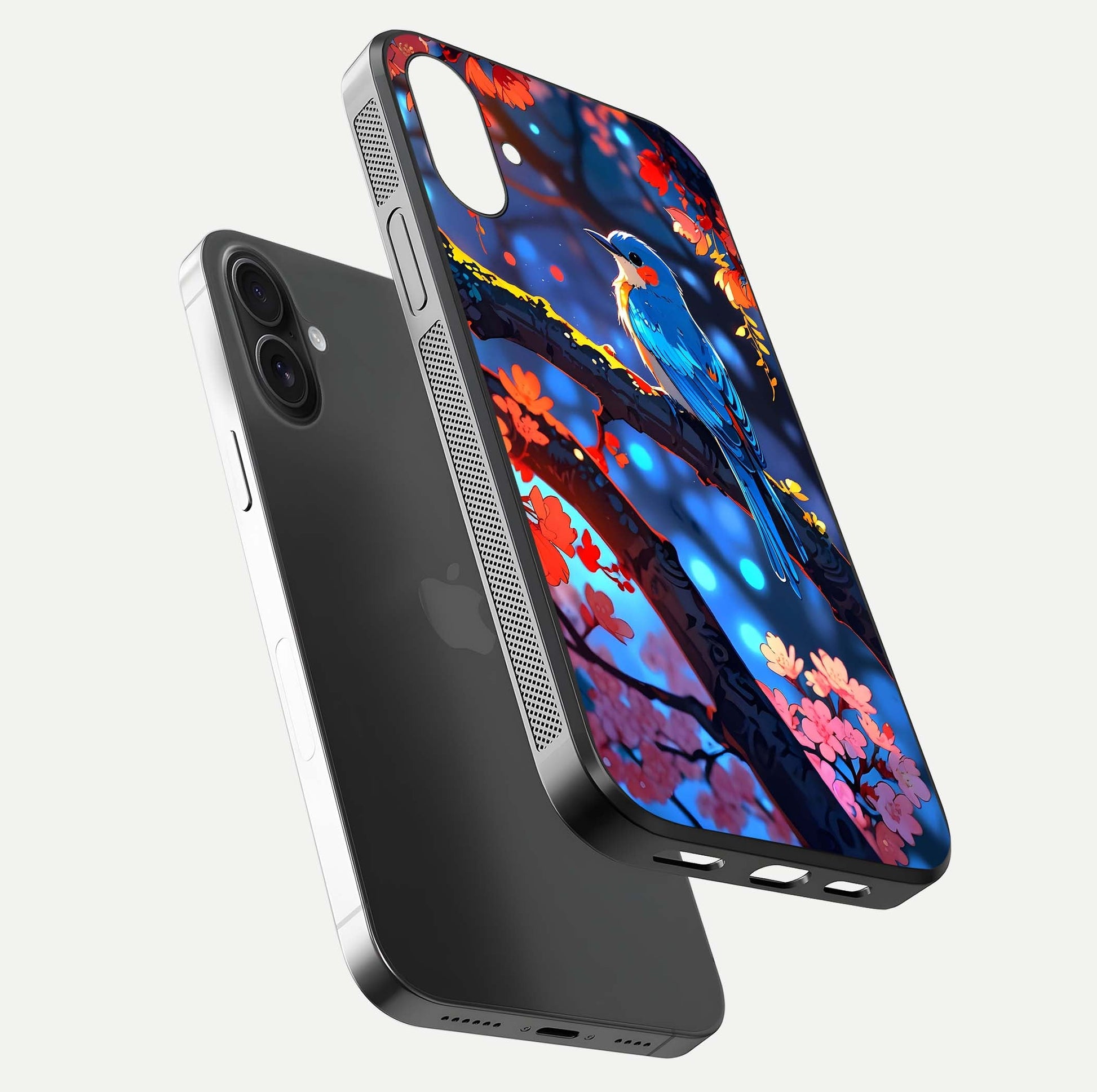 Blooming Spendor Bird Glass Case for iPhone 16 Pro floating dual-mockup capturing gloss tone and curved texture