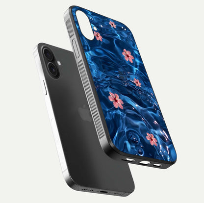 Blooming Water Drift Glass Case for iPhone 16 Plus floating dual-view mockup showing floral drift pattern and reflective surface