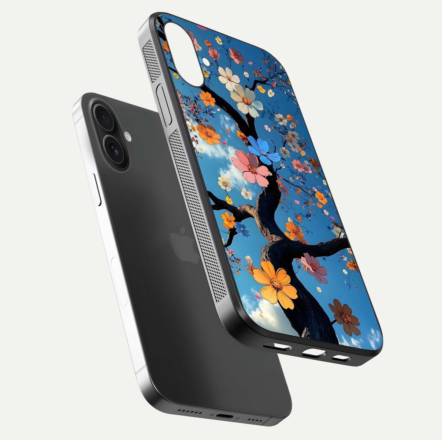 Blossom Dream Sky Glass Case for iPhone 16 Pro floating dual-mockup displaying smooth finish and elegant sky tones