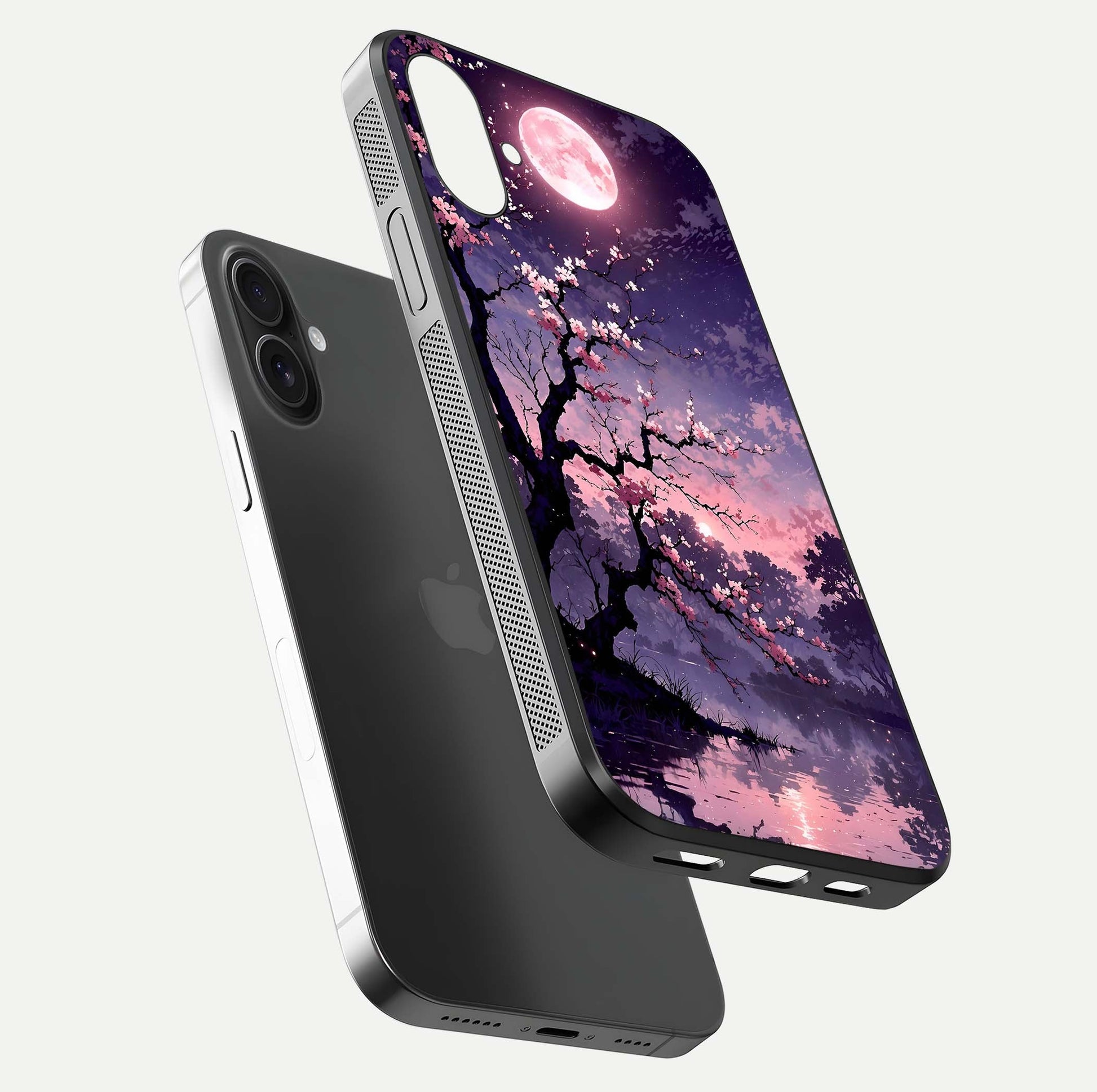 Blossom Pink Moon Glass Case for iPhone 16 Pro floating mockup emphasizing dreamy pink moon aura and smooth finish