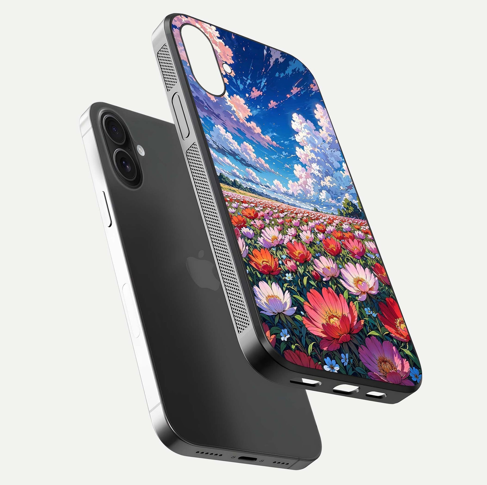 Blossom Sky Field Glass Case for iPhone 16 Plus floating mockup displaying sky bloom concept with smooth finish