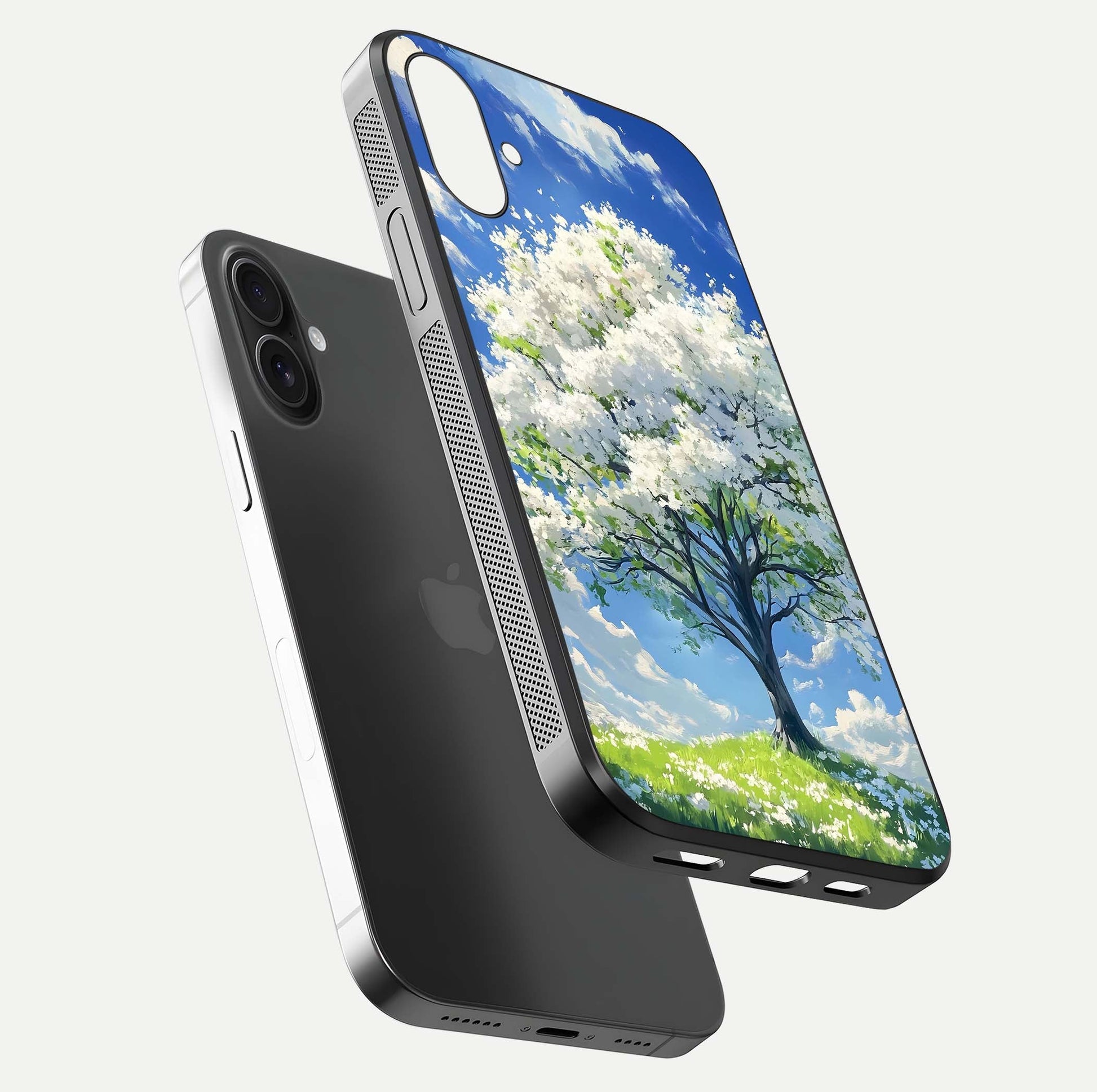 Blossom Sky Serenity Glass Case for iPhone 16 Plus floating mockup capturing gloss surface and tranquil design