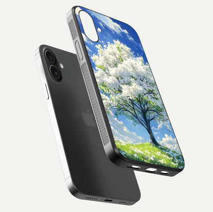 Blossom Sky Serenity Glass Case for iPhone 16 Plus floating mockup capturing gloss surface and tranquil design