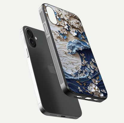 Blossom Wave Art Glass Case for iPhone 16 Pro floating mockup displaying pattern details and reflective shine