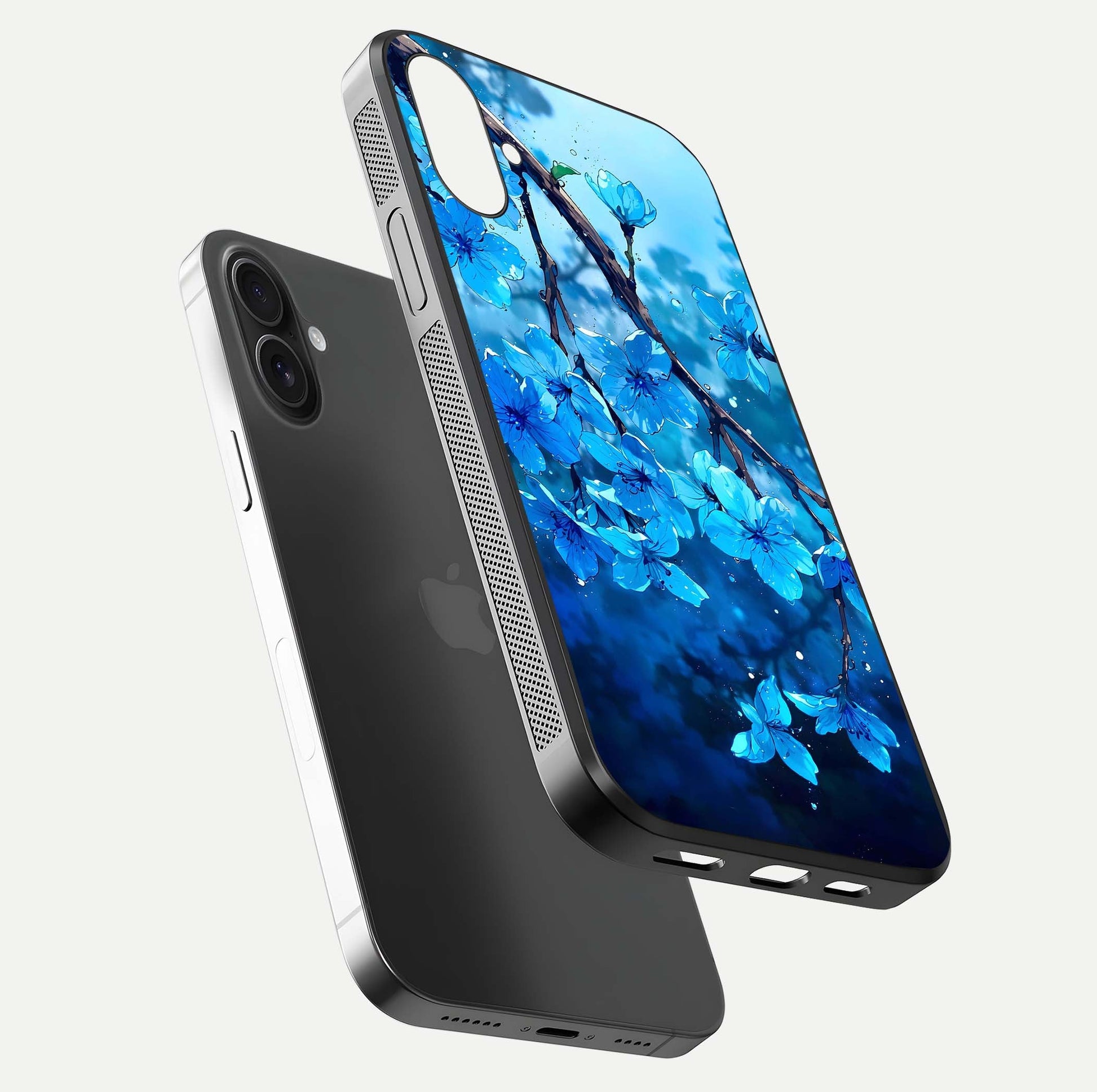 Blue Blossoms Branch Glass Case for iPhone 16 Plus floating mockup showing shine, curved edges, and branch detailing