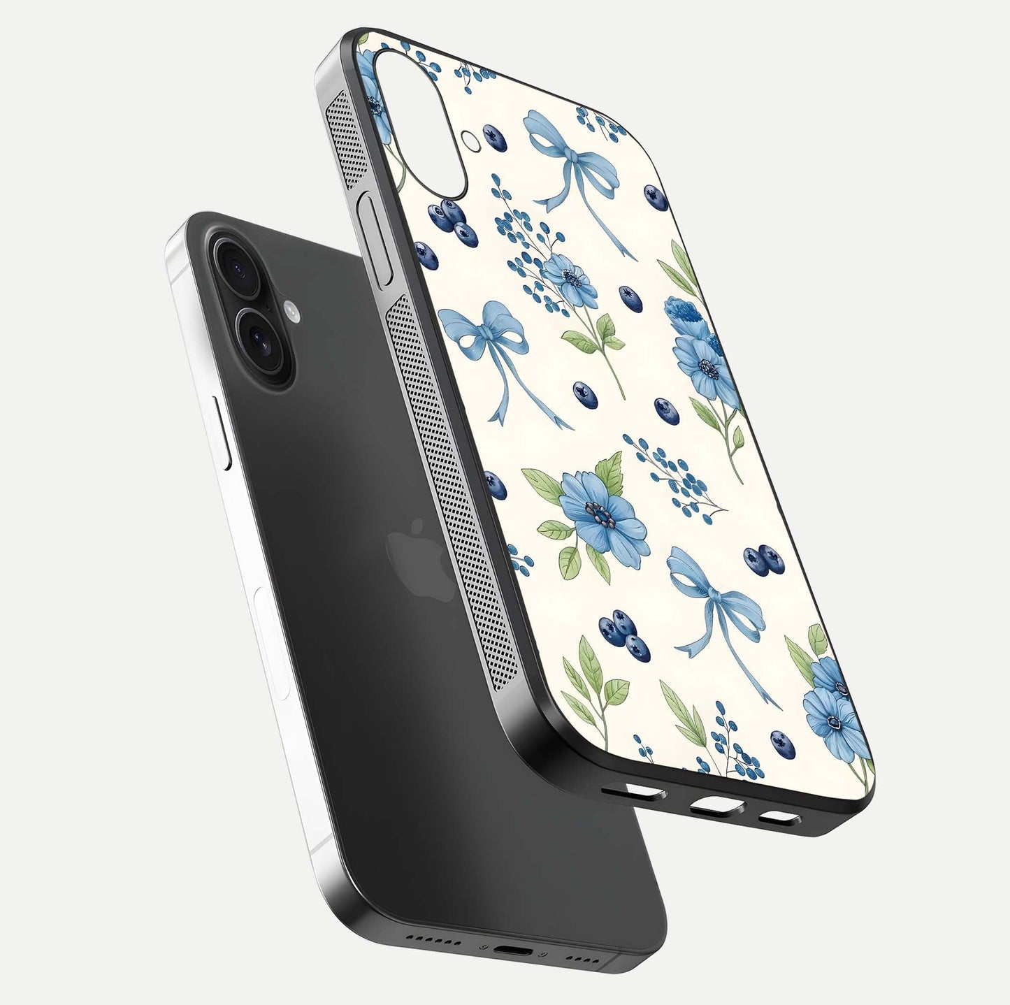 Blue Flower & Bow Glass Case for iPhone 16 Plus floating mockup capturing gloss reflection and girly aesthetic