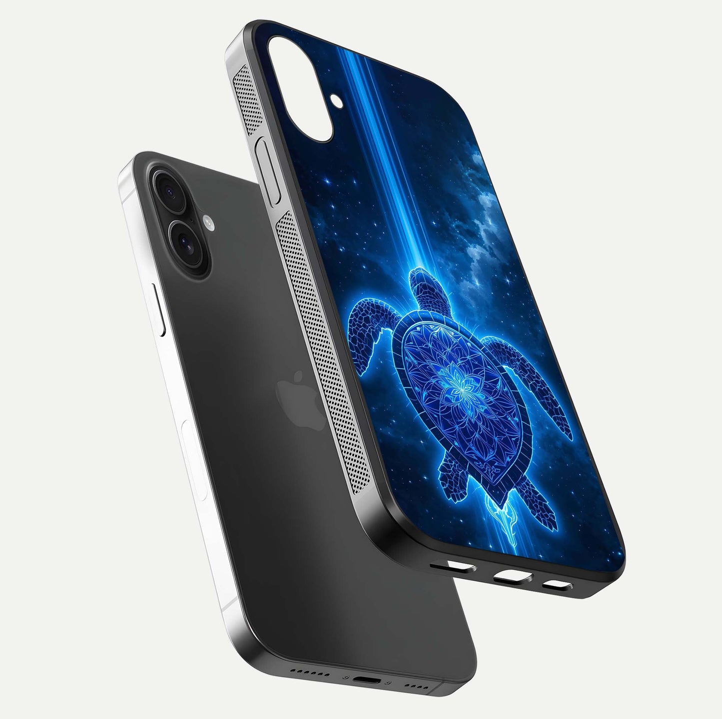 Blue Galaxy Turtle Glass Case for iPhone 16 Plus floating dual-mockup showing gloss depth and color transitions