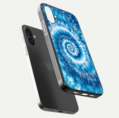 Blue Galaxy Wave Glass Case for iPhone 16 Plus floating mockup revealing cosmic depth and curved-edge texture