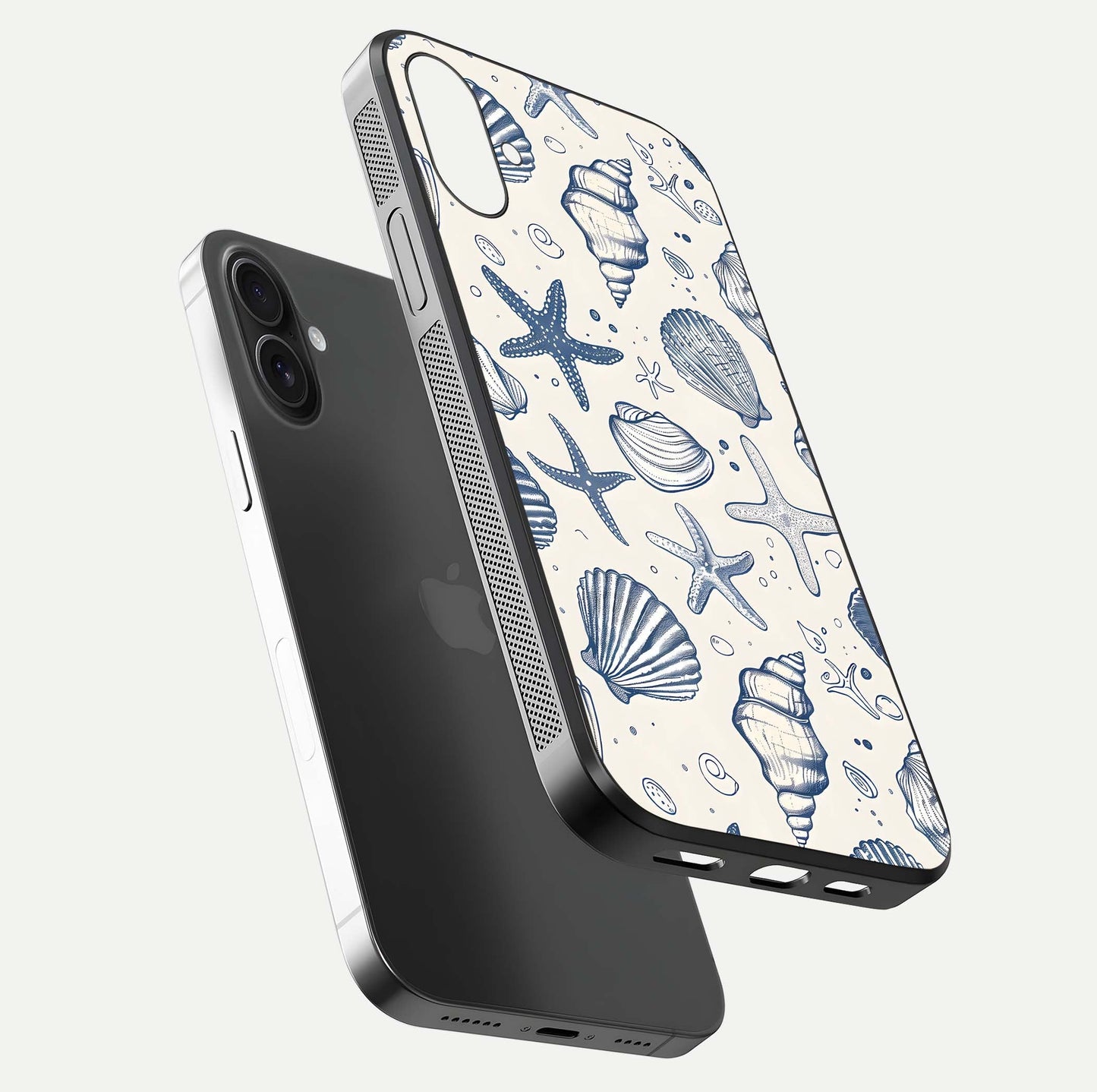 Blue Ocean Outline Glass Case for iPhone 16 Plus floating mockup displaying marine-inspired aesthetic and smooth surface