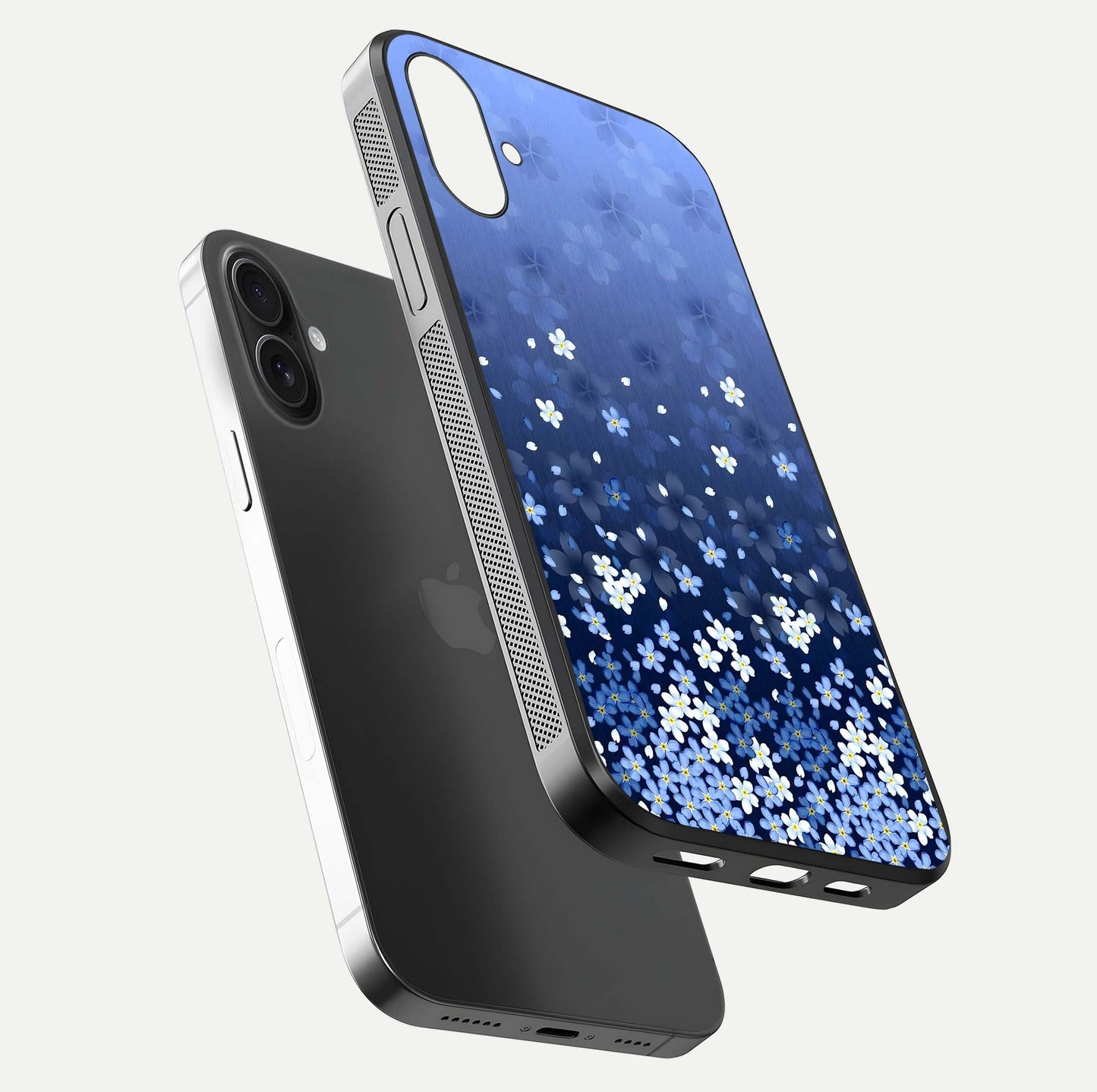 Blue Starry Glass Case for iPhone 16 Plus floating mockup capturing cosmic tone and HD gloss texture
