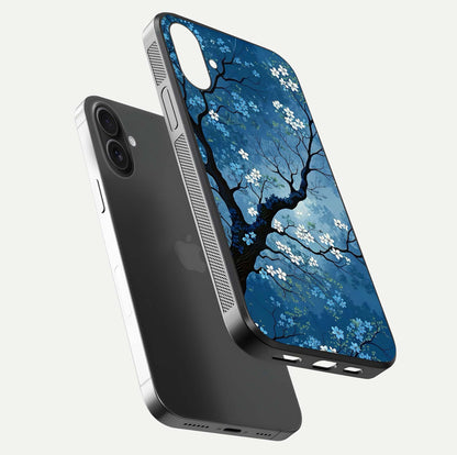 Blue Tree Serenity Glass Case for iPhone 16 Pro floating mockup displaying serene tones and HD glass polish
