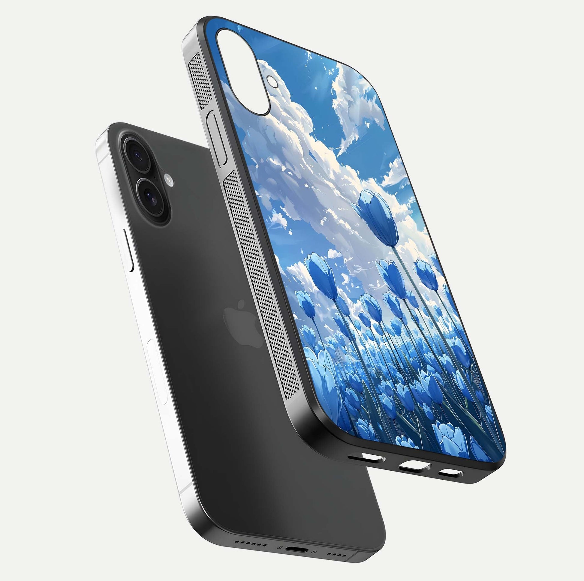 Blue Tulip Clouds Glass Case for iPhone 16 Plus floating mockup displaying tulip-cloud fusion art and smooth glass gloss