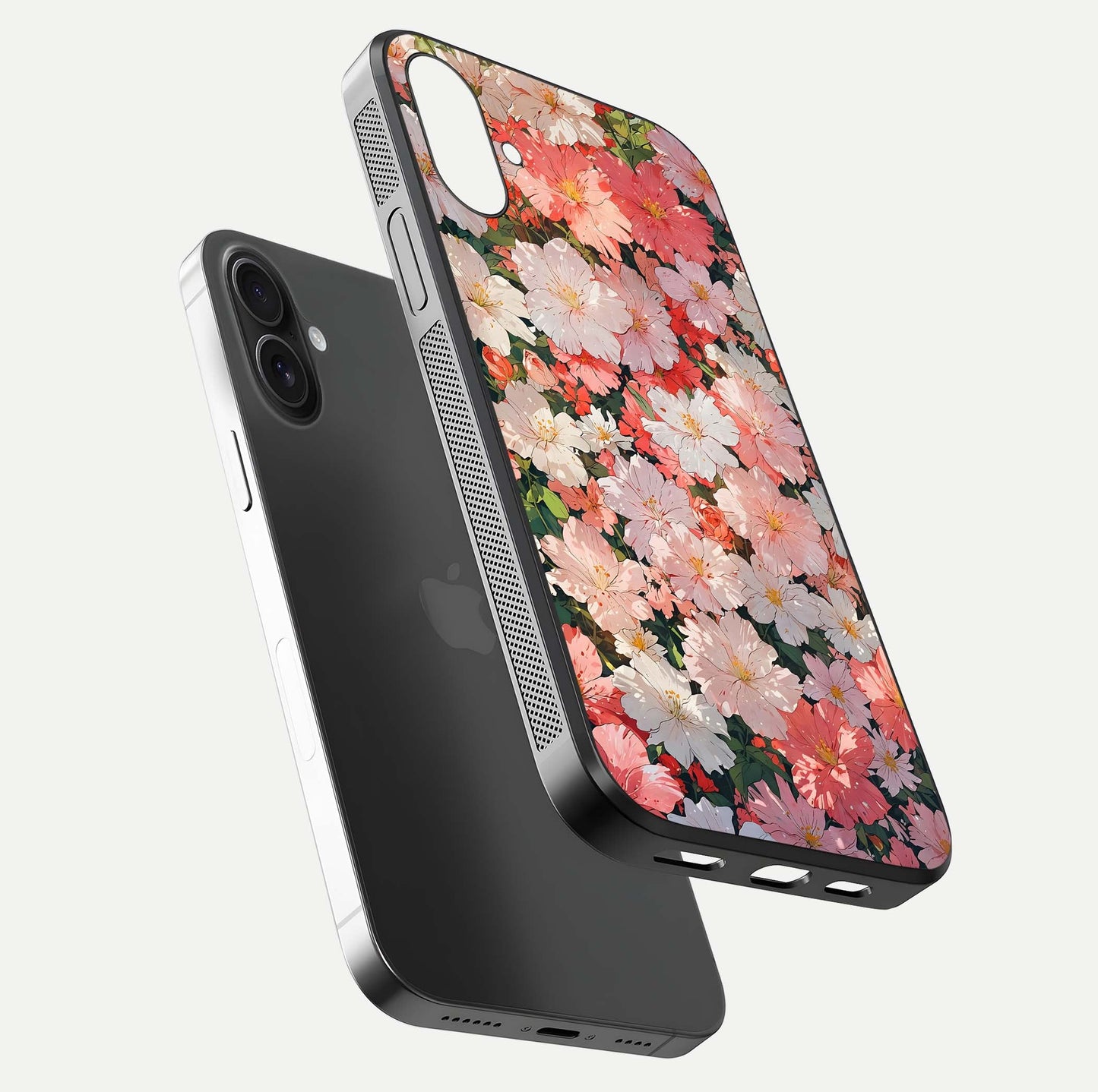 Blush Bloom Field Glass Case for iPhone 16 Plus floating mockup highlighting floral spread and edge reflection