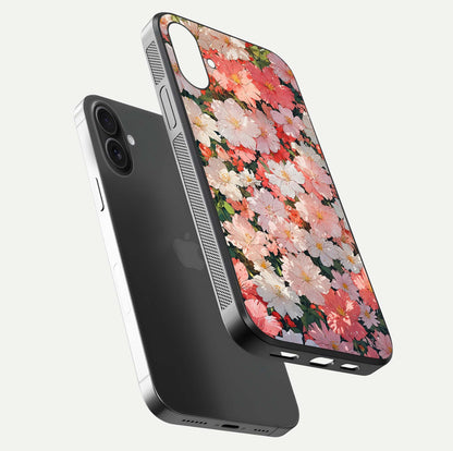 Blush Bloom Field Glass Case for iPhone 16 Plus floating mockup highlighting floral spread and edge reflection